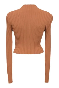 Terracotta viscose-blend rib knit polo neck slit-front pullover long sleeve top