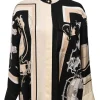 Tri-colour silk 'Ex-Libris' print band collar shirt featuring original artwork by Hugo Grygkar