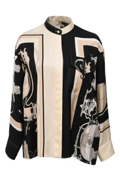 Tri-colour silk 'Ex-Libris' print band collar shirt featuring original artwork by Hugo Grygkar