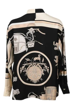Tri-colour silk 'Ex-Libris' print band collar shirt featuring original artwork by Hugo Grygkar