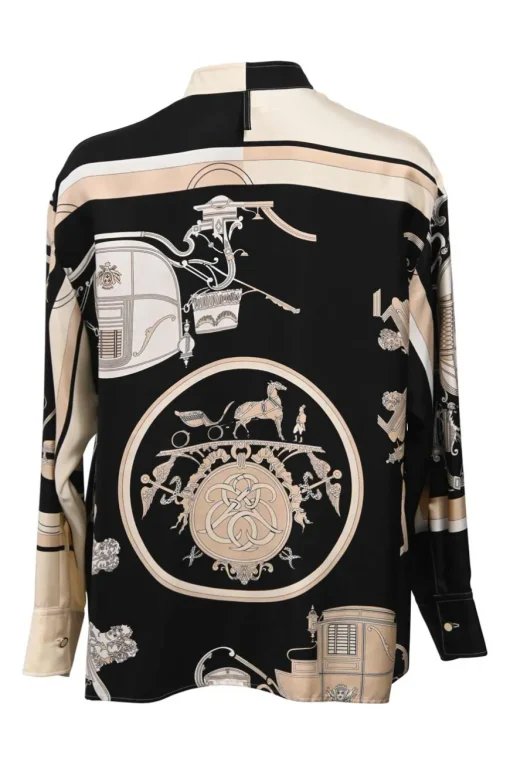 Tri-colour silk 'Ex-Libris' print band collar shirt featuring original artwork by Hugo Grygkar
