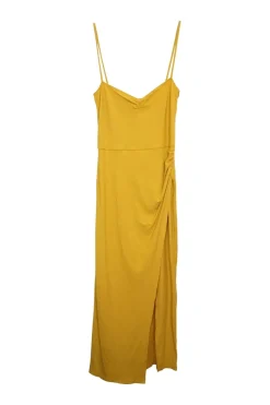 Turmeric yellow Tencel-blend rib knit slip dress with ruched side details and fixed spaghetti straps