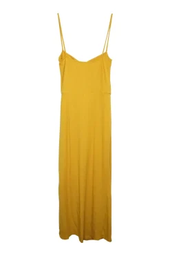 Turmeric yellow Tencel-blend rib knit slip dress with ruched side details and fixed spaghetti straps