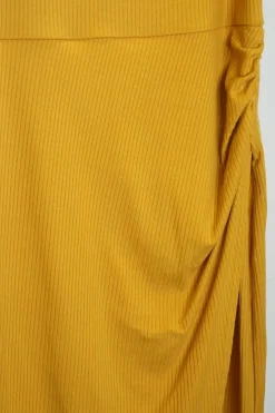 Turmeric yellow Tencel-blend rib knit slip dress with ruched side details and fixed spaghetti straps