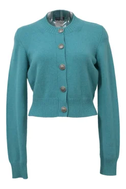 Turquoise cashmere button-front cropped cardigan
