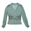 Turquoise silk symmetrical geometric pattern spread collar v-neck long sleeve gathered button cuff blouse with side concealed zipper