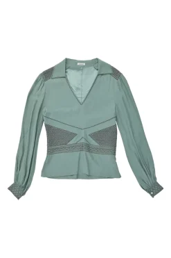 Turquoise silk symmetrical geometric pattern spread collar v-neck long sleeve gathered button cuff blouse with side concealed zipper