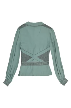 Turquoise silk symmetrical geometric pattern spread collar v-neck long sleeve gathered button cuff blouse with side concealed zipper