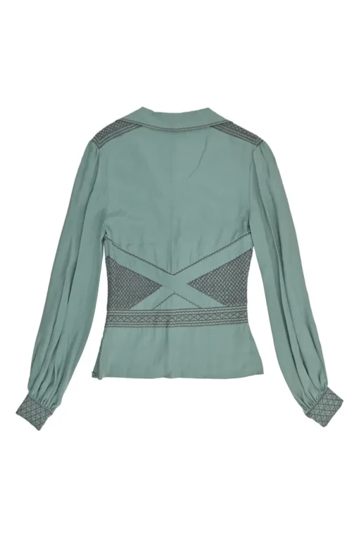 Turquoise silk symmetrical geometric pattern spread collar v-neck long sleeve gathered button cuff blouse with side concealed zipper