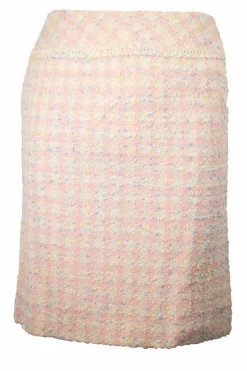 Tweed pastel pink and yellow tweed with green + blue boucle and off white beaded edge
