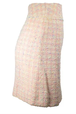 Tweed pastel pink and yellow tweed with green + blue boucle and off white beaded edge