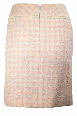 Tweed pastel pink and yellow tweed with green + blue boucle and off white beaded edge