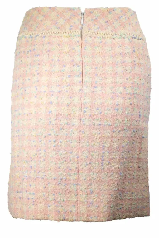 Tweed pastel pink and yellow tweed with green + blue boucle and off white beaded edge