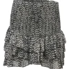 Two-tone abstract print pull-on drop-waist tiered mini skirt with smocked waistband