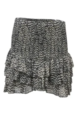 Two-tone abstract print pull-on drop-waist tiered mini skirt with smocked waistband