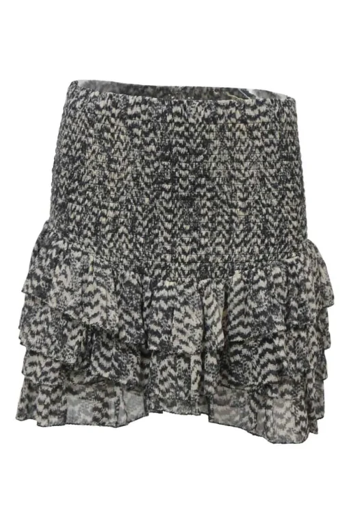 Two-tone abstract print pull-on drop-waist tiered mini skirt with smocked waistband