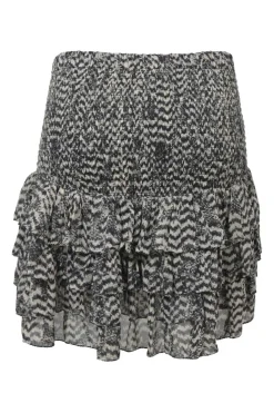 Two-tone abstract print pull-on drop-waist tiered mini skirt with smocked waistband