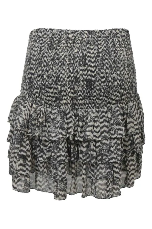Two-tone abstract print pull-on drop-waist tiered mini skirt with smocked waistband