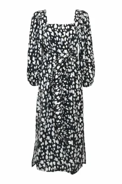 Two-tone abstract print tie-waist square-neck midi sun dress with blouson sleeves
