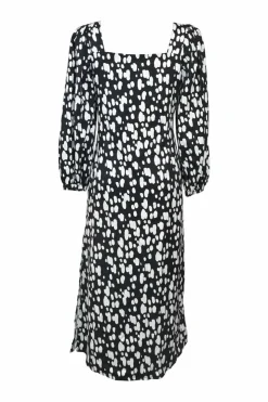 Two-tone abstract print tie-waist square-neck midi sun dress with blouson sleeves