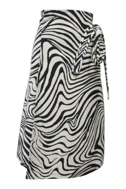 Two-tone abstract zebra jacquard wrap-front apron-style midi skirt with self-tie hip fastening