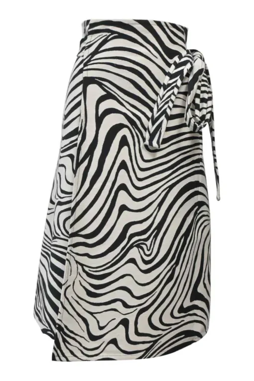 Two-tone abstract zebra jacquard wrap-front apron-style midi skirt with self-tie hip fastening