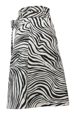 Two-tone abstract zebra jacquard wrap-front apron-style midi skirt with self-tie hip fastening