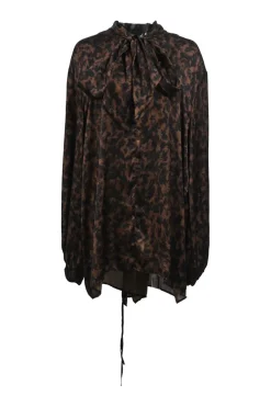 Two-tone animal print polyester satin backwrap long-sleeve blouse
