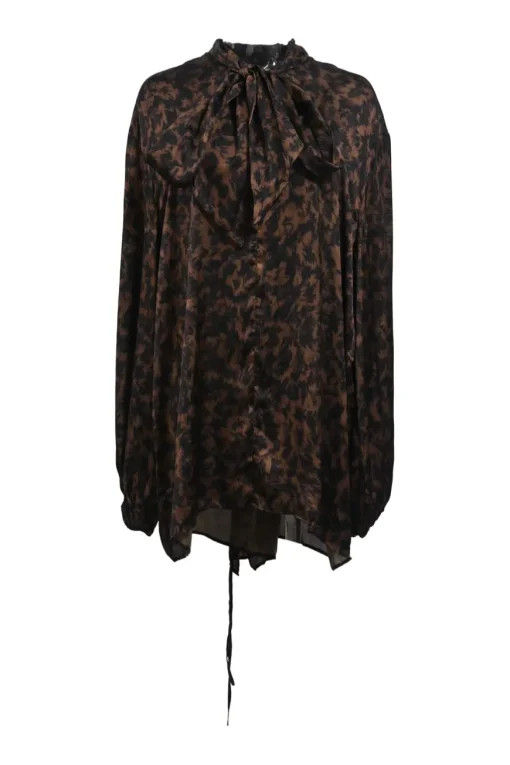 Two-tone animal print polyester satin backwrap long-sleeve blouse