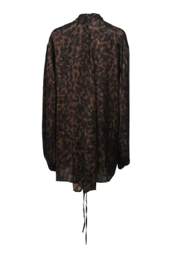 Two-tone animal print polyester satin backwrap long-sleeve blouse