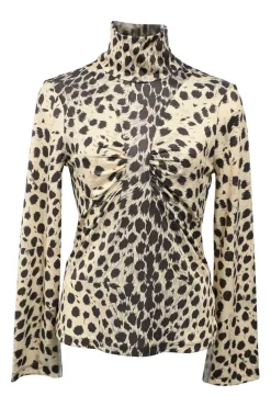 Two-tone animal print ruched stretch-jersey Leo turtleneck long sleeve top