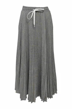Two-tone bias-cut Glen check plissé midi skirt with drawstring waist