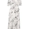 Two-tone bias-cut paneled polyester abstract floral print plunge neck flutter sleeve plissé midi dress