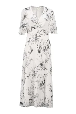 Two-tone bias-cut paneled polyester abstract floral print plunge neck flutter sleeve plissé midi dress