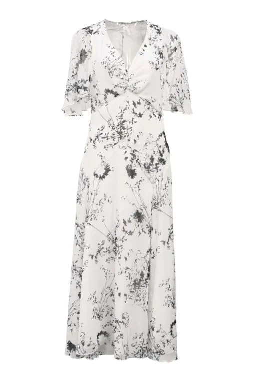 Two-tone bias-cut paneled polyester abstract floral print plunge neck flutter sleeve plissé midi dress