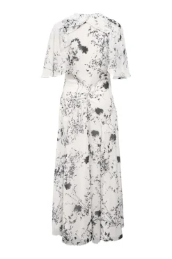 Two-tone bias-cut paneled polyester abstract floral print plunge neck flutter sleeve plissé midi dress