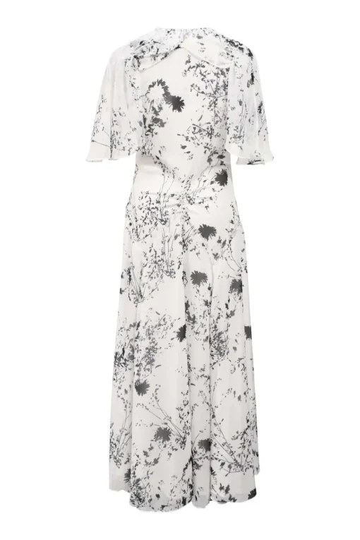 Two-tone bias-cut paneled polyester abstract floral print plunge neck flutter sleeve plissé midi dress