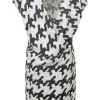 Two-tone bias-cut polyamide graphic houndstooth print cap sleeve blouson mini dress with criss-cross portrait back
