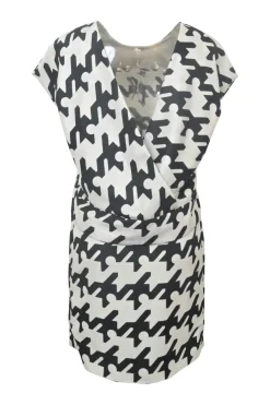 Two-tone bias-cut polyamide graphic houndstooth print cap sleeve blouson mini dress with criss-cross portrait back