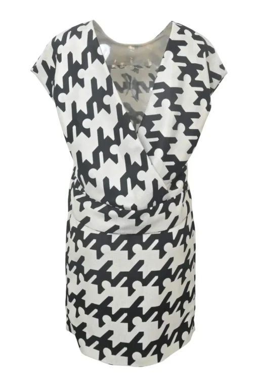 Two-tone bias-cut polyamide graphic houndstooth print cap sleeve blouson mini dress with criss-cross portrait back