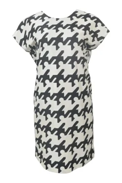 Two-tone bias-cut polyamide graphic houndstooth print cap sleeve blouson mini dress with criss-cross portrait back