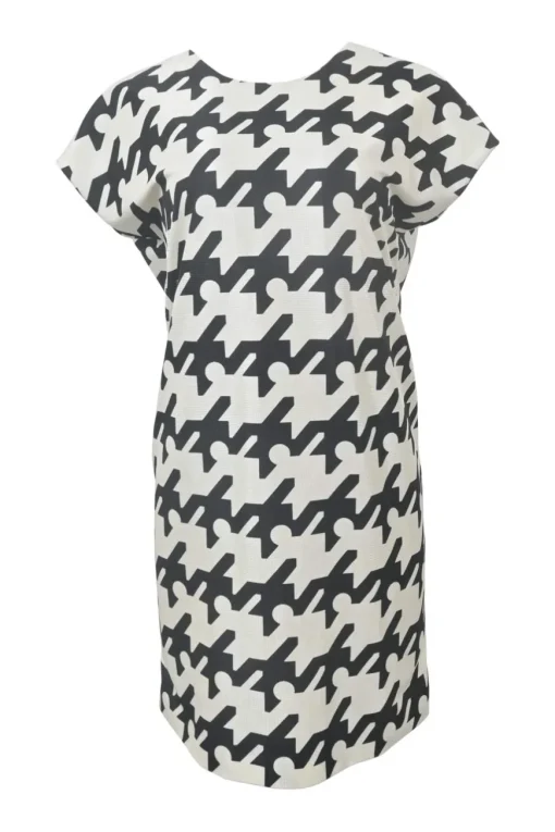 Two-tone bias-cut polyamide graphic houndstooth print cap sleeve blouson mini dress with criss-cross portrait back