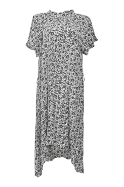 Two-tone bias-cut silk paisley floral print high-collar dolman sleeve tea dress with asymmetric hem