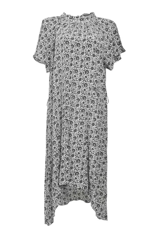 Two-tone bias-cut silk paisley floral print high-collar dolman sleeve tea dress with asymmetric hem