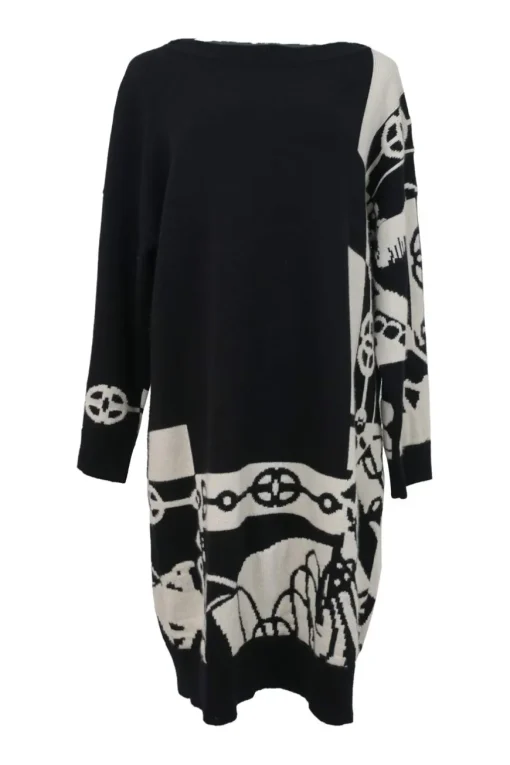 Two-tone cashmere Cliquetis intarsia knit bateau neck sweater dress