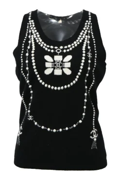 Two-tone cashmere 3D-knit scoop neck tank top with trompe-l'œil Coco Mark necklace motif