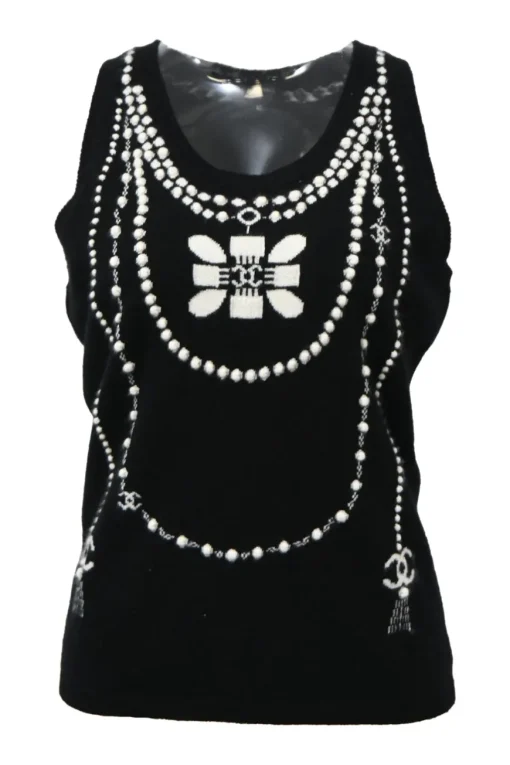 Two-tone cashmere 3D-knit scoop neck tank top with trompe-l'œil Coco Mark necklace motif