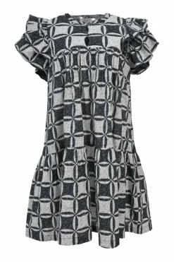 Two-tone Catalina quilted flutter sleeve drop-waist shift dress