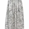 Two-tone cotton abstract fine line print pull-on A-line midi skirt with elasticated waistband