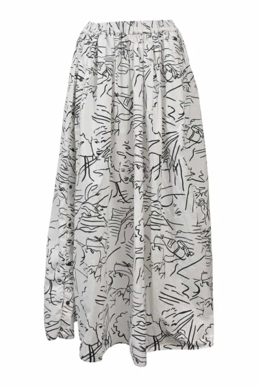 Two-tone cotton abstract fine line print pull-on A-line midi skirt with elasticated waistband
